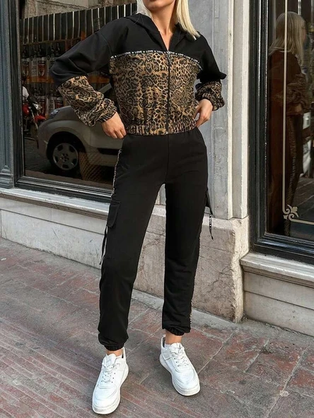 Lucky Life Kadın  Uzun Kollu Kapşonlu Leopar Desenli Viskon Iki Iplik Bluz Ve Pantolon Ikili Takım - Resim 4