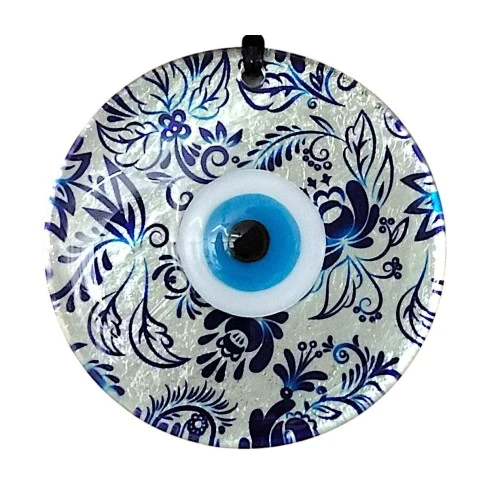 Nazar Boncuklu Yaprak Desenli Gümüş Rengi Füzyon Cam El Yapımı 12 Cm Duvar Süsü Nazarlık Hediyelik Eşya ürün görseli 1