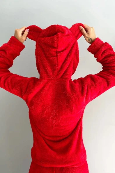 Kırmızı Meow Desenli Tam Peluş Pijama Takımı - Resim 3