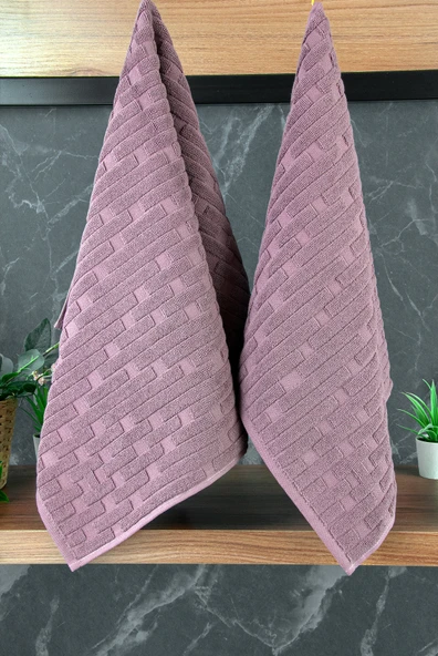 Tuğla Desenli 2li Ayak Havlusu - 50x70 cm - Su Emici Banyo Paspası Seti - Bordo - Resim 5