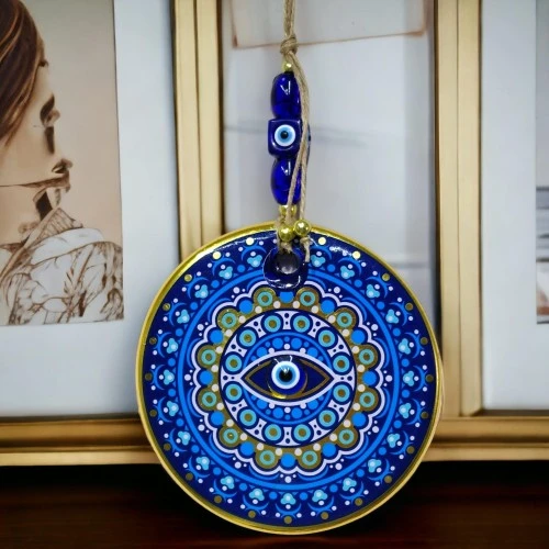 Yaldızlı Nazar Boncuklu Mavi Pembe Renkli Duvar Süsü Cam Duvar Dekoru - Resim 3