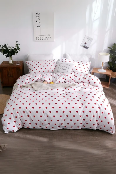 Valoroso Tekstil Tek Kişilik Kırmızı Kalp Desenli Nevresim Seti (Çarşafsız) ürün görseli 1