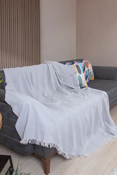 Valoroso Tekstil Pamuklu Zikzak Desenli Püsküllü Koltuk Örtüsü 170X210 cm | Dekoratif ve Çok Amaçlı - Resim 10