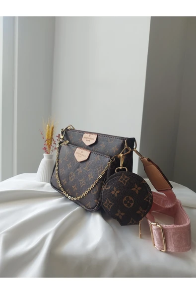 Kadın Acı Kahve Deri Pudra Askılı 3'lü El Omuz ve Çapraz Çanta ürün görseli 1