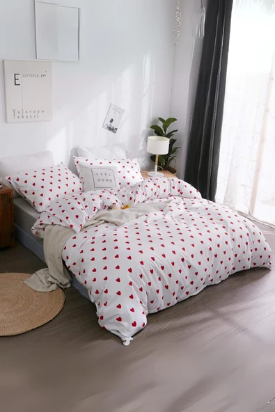 Valoroso Tekstil Tek Kişilik Kırmızı Kalp Desenli Nevresim Seti (Çarşafsız) - Resim 2