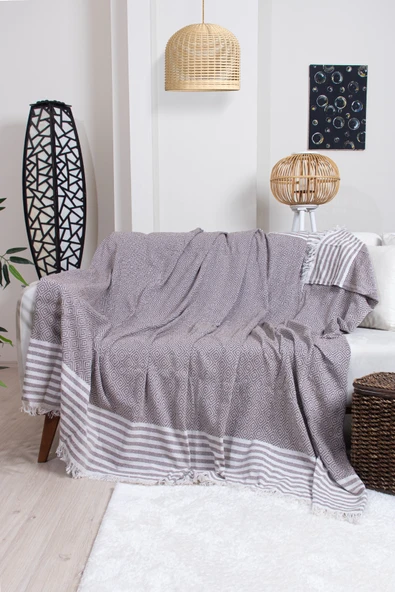 Valoroso Tekstil Pamuklu Püsküllü Elmas Desenli Koltuk Örtüsü 170X210 cm | Dekoratif Kanepe, Yatak ve Tv Örtüsü - Resim 11