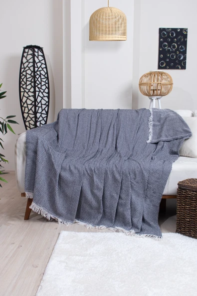 Valoroso Tekstil Pamuklu Zikzak Desenli Püsküllü Koltuk Örtüsü 170X210 cm | Dekoratif ve Çok Amaçlı - Resim 7