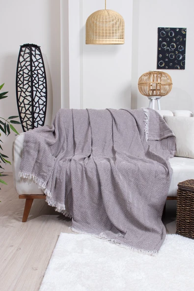 Valoroso Tekstil Pamuklu Zikzak Desenli Püsküllü Koltuk Örtüsü 170X210 cm | Dekoratif ve Çok Amaçlı ürün görseli 1