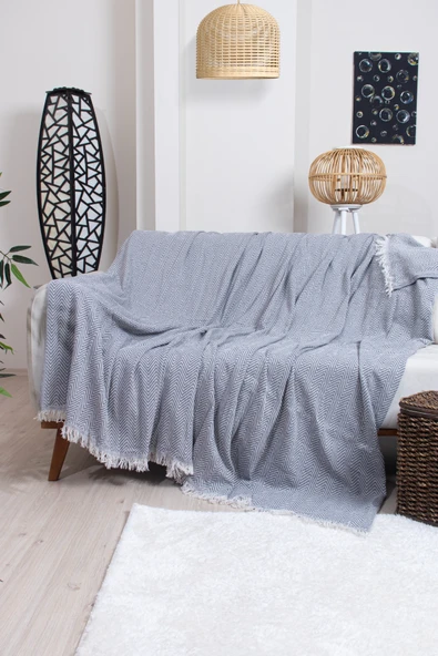 Valoroso Tekstil Pamuklu Zikzak Desenli Püsküllü Koltuk Örtüsü 170X210 cm | Dekoratif ve Çok Amaçlı - Resim 5