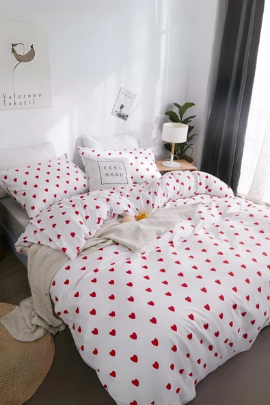 Valoroso Tekstil Tek Kişilik Kırmızı Kalp Desenli Nevresim Seti (Çarşafsız) - Resim 3