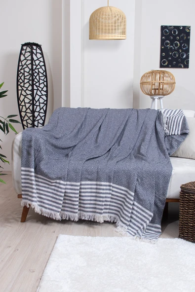 Valoroso Tekstil Pamuklu Püsküllü Elmas Desenli Koltuk Örtüsü 170X210 cm | Dekoratif Kanepe, Yatak ve Tv Örtüsü - Resim 9