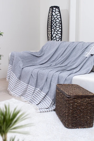 Valoroso Tekstil Pamuklu Püsküllü Elmas Desenli Koltuk Örtüsü 170X210 cm | Dekoratif Kanepe, Yatak ve Tv Örtüsü - Resim 4