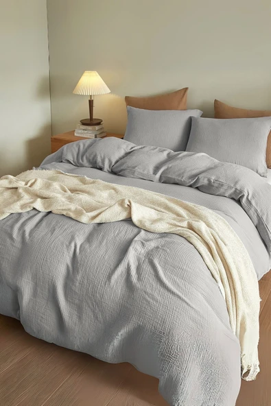 Valoroso Tekstil %100 Pamuk Müslin Nevresim Takımı Lastikli Çarşaflı 2 Yastık Kılıflı Çift Kişilik - Resim 6