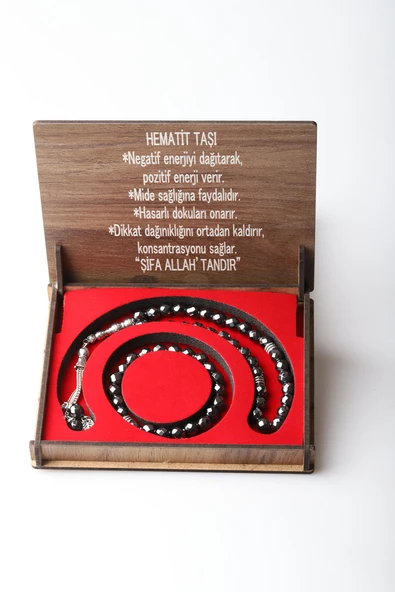 Özel Kutulu Doğal Hematit Taşı Tesbih ve Bileklik Seti - Resim 2