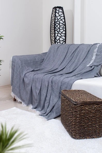 Valoroso Tekstil Pamuklu Zikzak Desenli Püsküllü Koltuk Örtüsü 170X210 cm | Dekoratif ve Çok Amaçlı - Resim 8