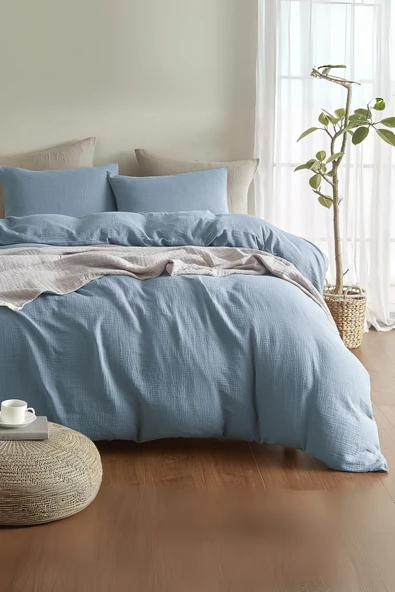 Valoroso Tekstil %100 Pamuk Müslin Nevresim Takımı Lastikli Çarşaflı 2 Yastık Kılıflı Çift Kişilik - Resim 7