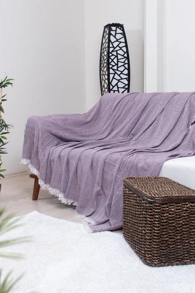 Valoroso Tekstil Pamuklu Zikzak Desenli Püsküllü Koltuk Örtüsü 170X210 cm | Dekoratif ve Çok Amaçlı - Resim 4