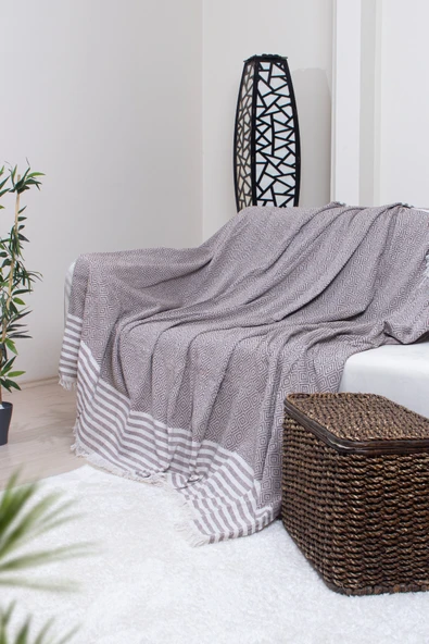 Valoroso Tekstil Pamuklu Püsküllü Elmas Desenli Koltuk Örtüsü 170X210 cm | Dekoratif Kanepe, Yatak ve Tv Örtüsü - Resim 12