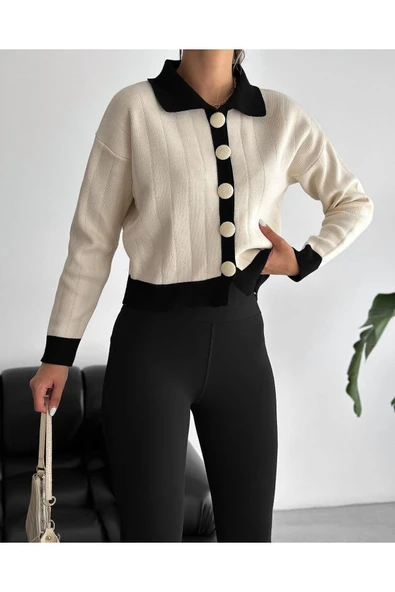 Kadın Kapsül Düğmeli Polo Yaka Triko Hırka ürün görseli 1