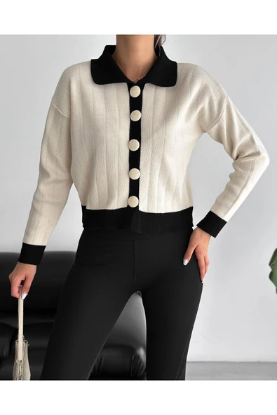 Kadın Kapsül Düğmeli Polo Yaka Triko Hırka - Resim 3