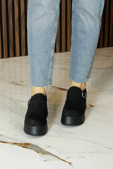 Erkan Saçmacı Miyuki Siyah Süet Yuvarlak Burun Lastik Bantlı Dolgu Topuklu Günlük Ayakkabı - Resim 4