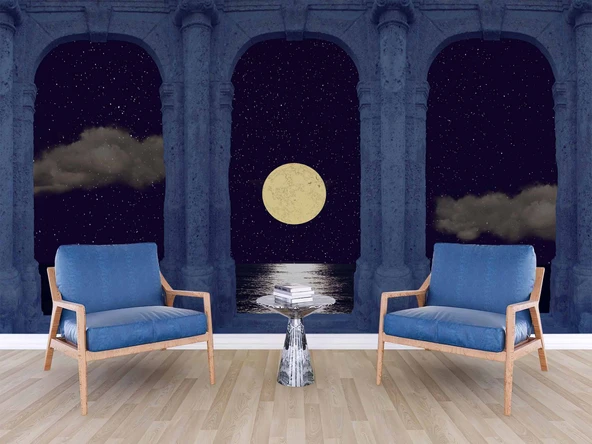 3D Taş Sutün ve Gece Ay Manzarası Duvar Kağıdı Baskı - Resim 6