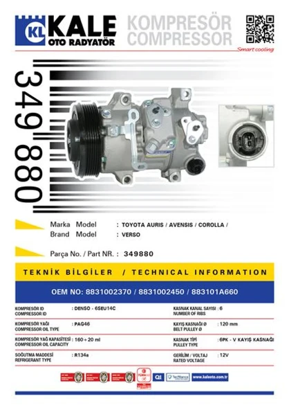 Toyota Klima Kompresoru Toyota Aurıs Corolla 1.6 2007-2012 Avensis 2008-> [6pk V Kayıs Kasnagı] [120mm] - Kale 349880 - Resim 1