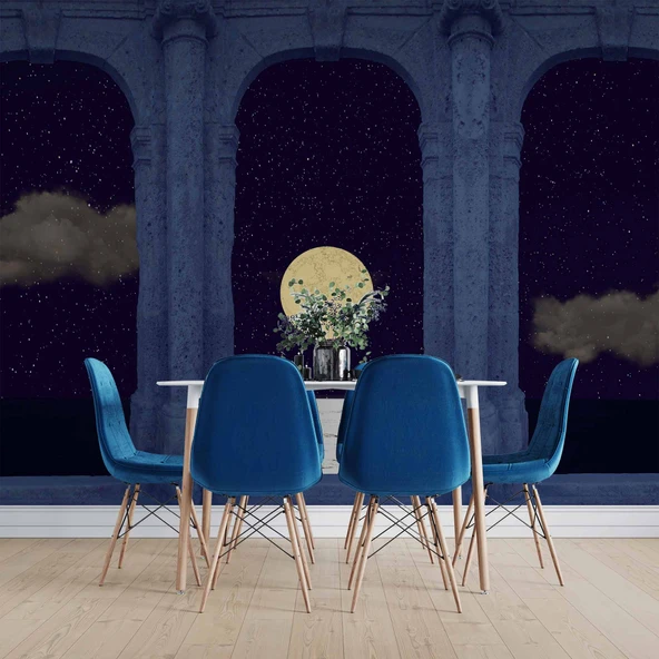 3D Taş Sutün ve Gece Ay Manzarası Duvar Kağıdı Baskı - Resim 5
