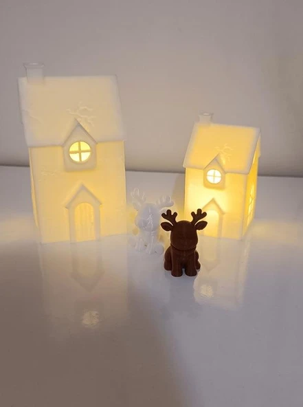 Kış Evleri Mini Geyik Mumluk Noel Yılbaşı Süsü Dekoratif Biblo Tealight Mumluk Seti Mumlar Dahildir - Resim 10