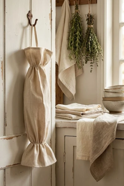 Bej Renk Poşetlik Mutfak Düzenleyici Askılı Çanta 50 cm Bez Poşet Saklama Torbası ürün görseli 1