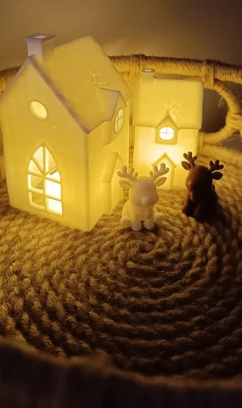 Kış Evleri Mini Geyik Mumluk Noel Yılbaşı Süsü Dekoratif Biblo Tealight Mumluk Seti Mumlar Dahildir - Resim 11