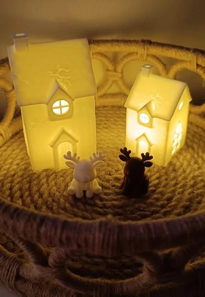 Kış Evleri Mini Geyik Mumluk Noel Yılbaşı Süsü Dekoratif Biblo Tealight Mumluk Seti Mumlar Dahildir - Resim 6