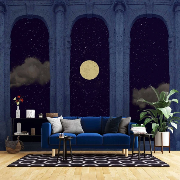 3D Taş Sutün ve Gece Ay Manzarası Duvar Kağıdı Baskı ürün görseli 1