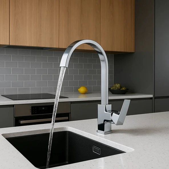 SARDICI KARE MUTFA BATARYASI SETİ ÇİFT SU GİRİŞLİ PİRİNÇ MUSLUK - Resim 2