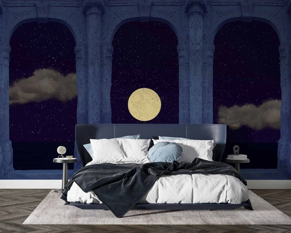 3D Taş Sutün ve Gece Ay Manzarası Duvar Kağıdı Baskı - Resim 2