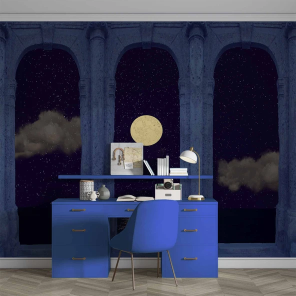 3D Taş Sutün ve Gece Ay Manzarası Duvar Kağıdı Baskı - Resim 4