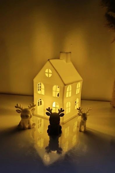 Kış Evi Mini Geyik Mumluk Noel Yılbaşı Süsü Dekoratif Biblo Tealight Mumluk Seti Mumlar Dahildir - Resim 5