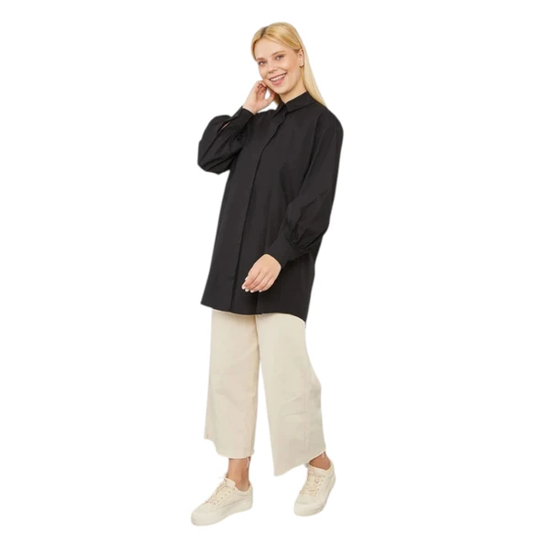 Oversize Balon Kol Poplin Gömlek - Resim 4