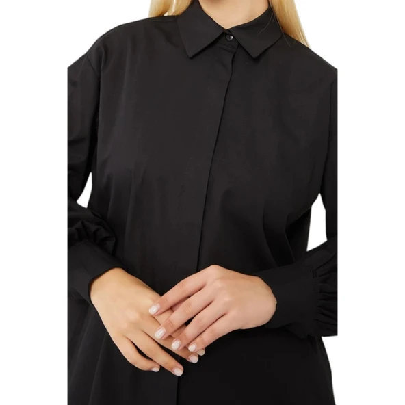 Oversize Balon Kol Poplin Gömlek - Resim 6