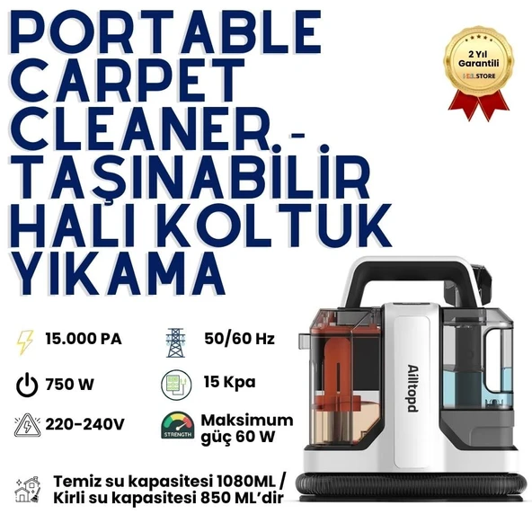 Portable Carpet Cleaner, Halı Koltuk Yıkama Makinesi, Güçlü Leke Çıkarıcı, Derinlemesine Temizlik ve Vakumlu Su Çekme Özellikli Profesyonel Temizlik Cihazı ürün görseli 1