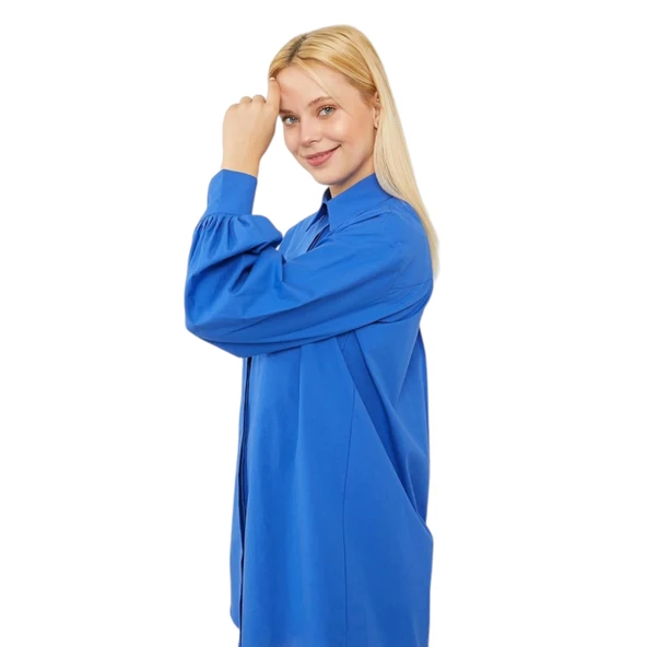 Oversize Balon Kol Poplin Gömlek - Resim 9