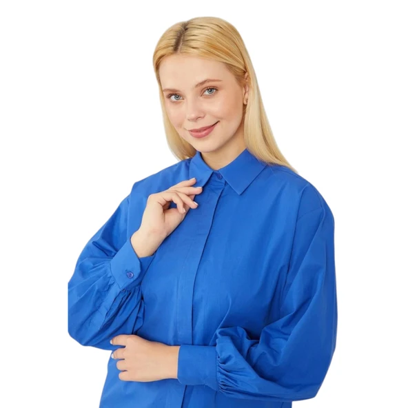 Oversize Balon Kol Poplin Gömlek - Resim 11