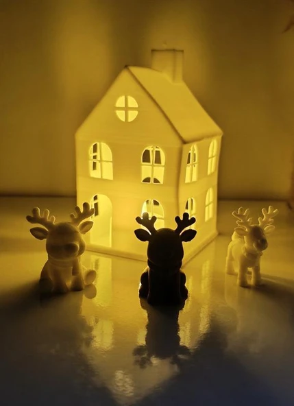 Kış Evi Mini Geyik Mumluk Noel Yılbaşı Süsü Dekoratif Biblo Tealight Mumluk Seti Mumlar Dahildir - Resim 4