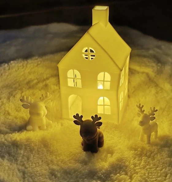 Kış Evi Mini Geyik Mumluk Noel Yılbaşı Süsü Dekoratif Biblo Tealight Mumluk Seti Mumlar Dahildir - Resim 2