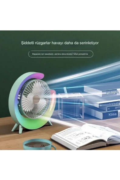 Masaüstü Vantilatör Usb Şarjlı Rgb Led Işıklı 3 Kademeli 180° Ayarlanabilir Soğutucu Fan Mavi - Resim 5