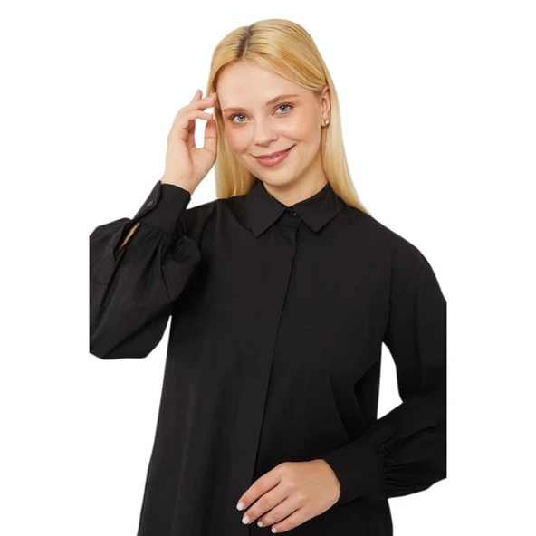 Oversize Balon Kol Poplin Gömlek - Resim 7