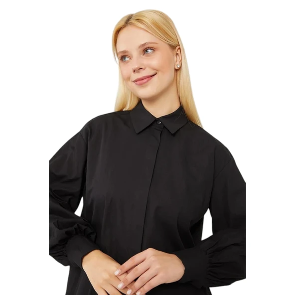 Oversize Balon Kol Poplin Gömlek - Resim 5