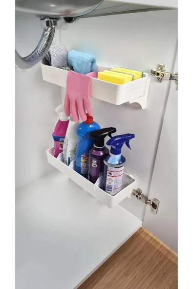 GenelTedarik Dolap Içi Düzenleyici Yapışkanlı Kaydırmalı Çok Amaçlı 2 Katlı Raf Organizeri yapışkanlı 1 Adet - Resim 2