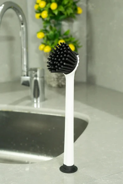 GenelTedarik 2 adet Vantuzlu Mutfak Banyo Tezgah Üstü Silikon Bulaşık Yıkama Lavabo Temizleme Tezgah Fırçası - Resim 3