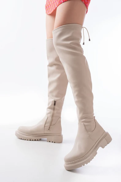 812-2194 Bej Fermuarlı Diz Üstü Bağcıklı Çorap Günlük Kadın Çizme - Resim 3